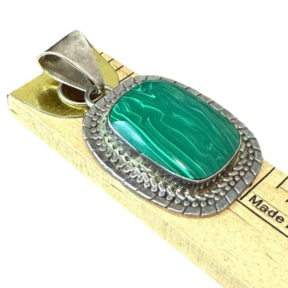 Vtg Green Malachite Stone 925 Sterling Silver Pendant Mexico ATI 2" Rectangle - Picture 7 of 8